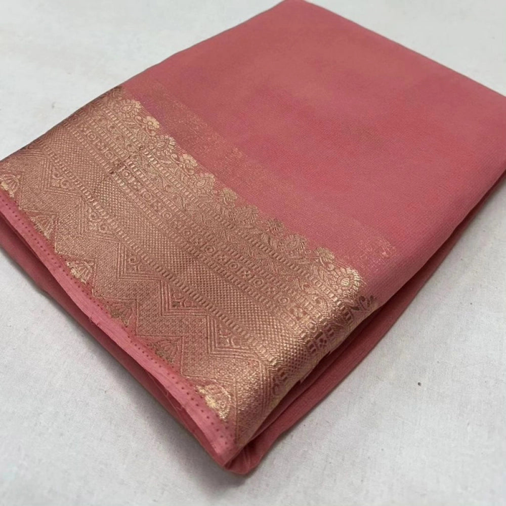 Women's Crepe Chit Pallu Solid Saree With Unstitched Blouse 5.5Mtr (Peach) - VANSHELLE
