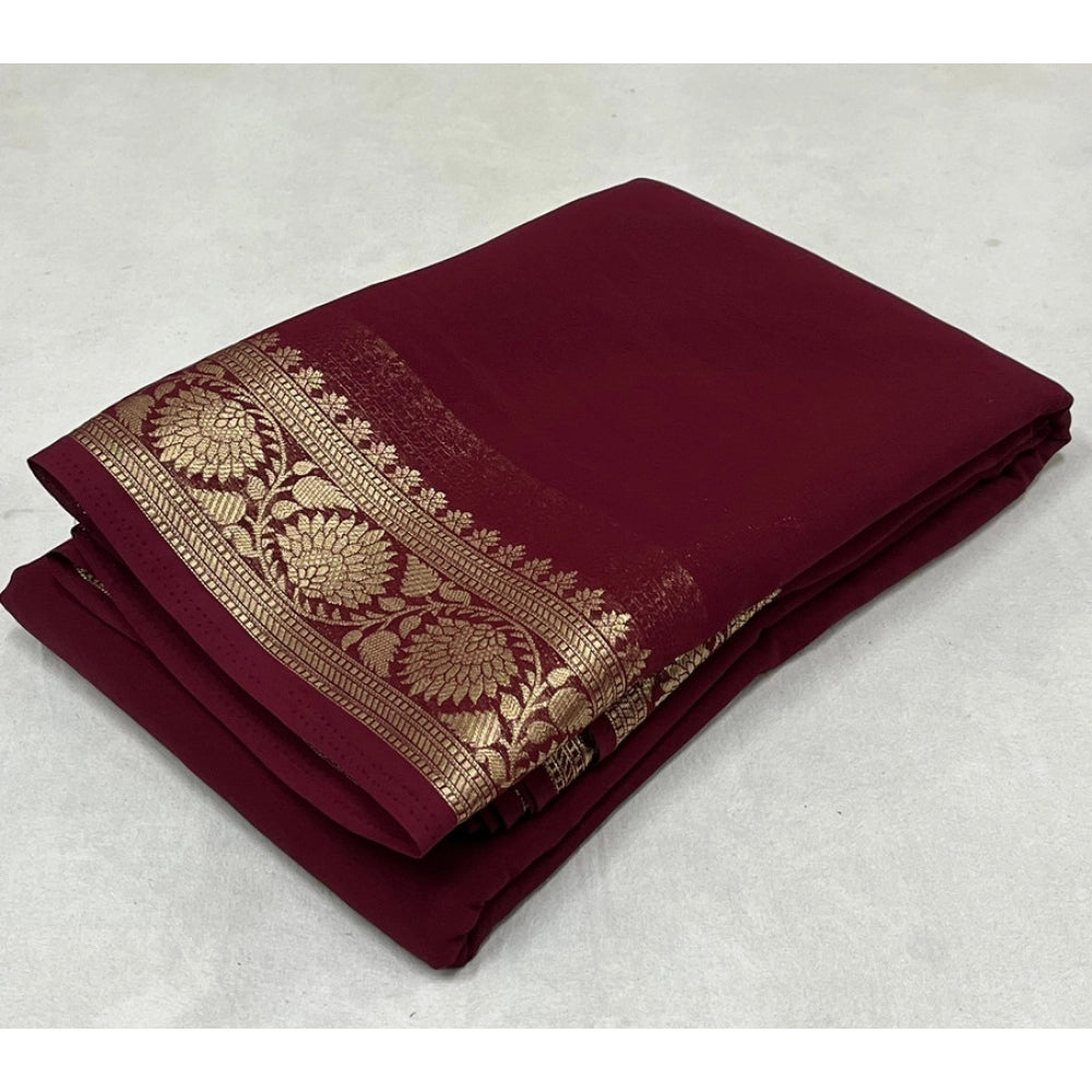 Women's Crepe Chit Pallu Solid Saree With Unstitched Blouse 5.5Mtr (Maroon) - VANSHELLE