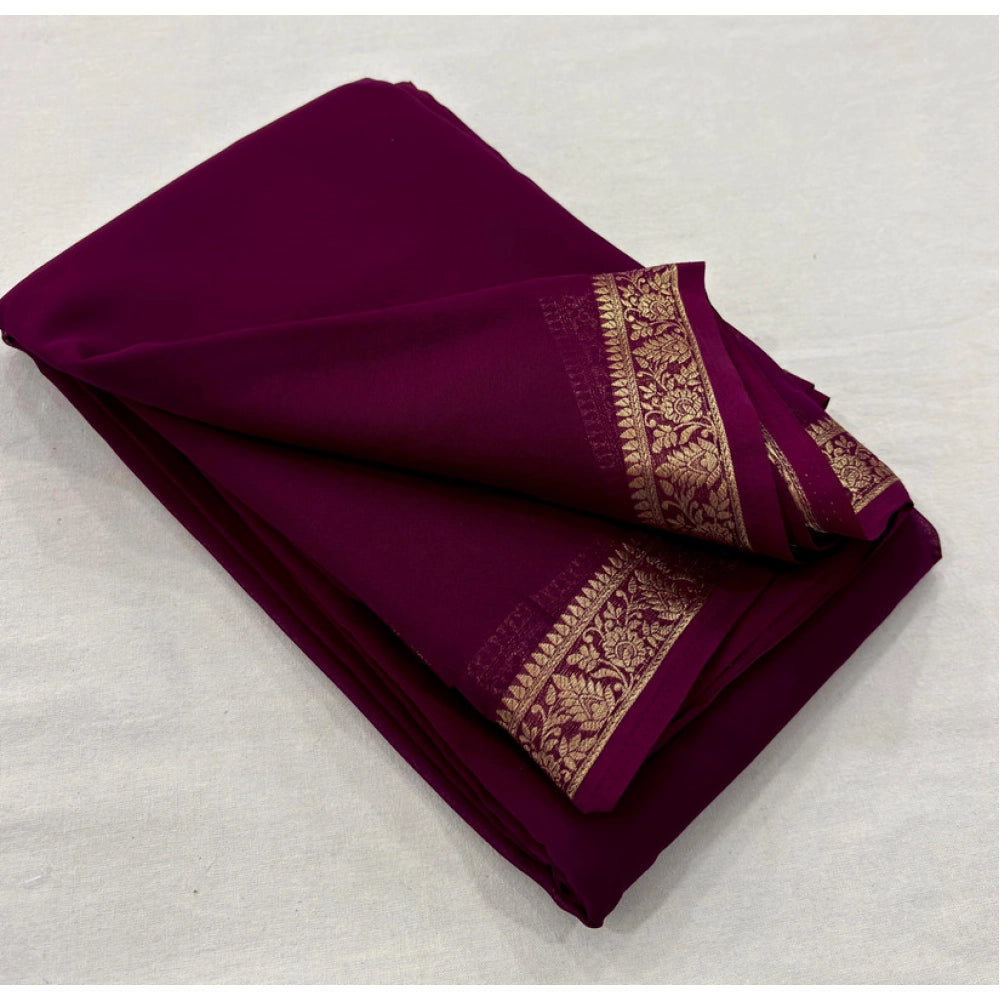Women's Crepe Chit Pallu Solid Saree With Unstitched Blouse 5.5Mtr (Wine) - VANSHELLE