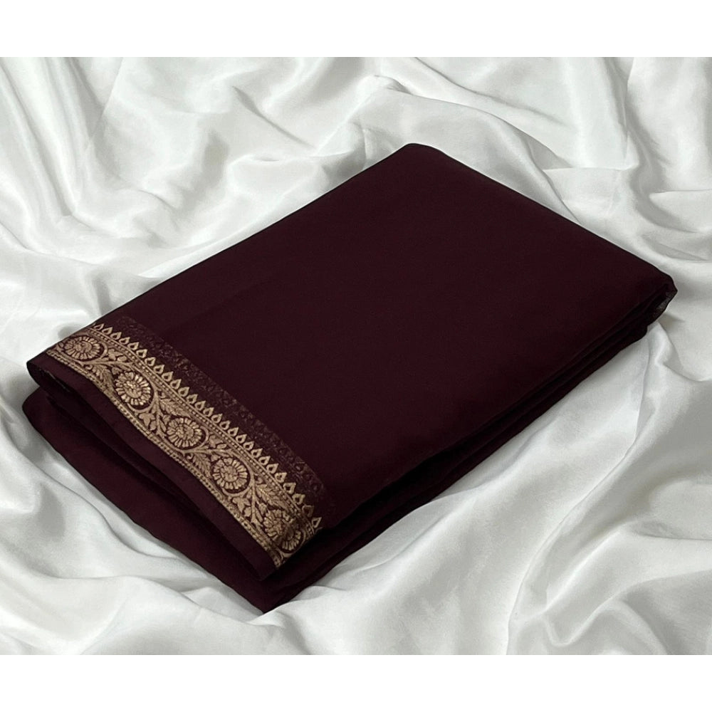 Women's Crepe Chit Pallu Solid Saree With Unstitched Blouse 5.5Mtr (Brown) - VANSHELLE