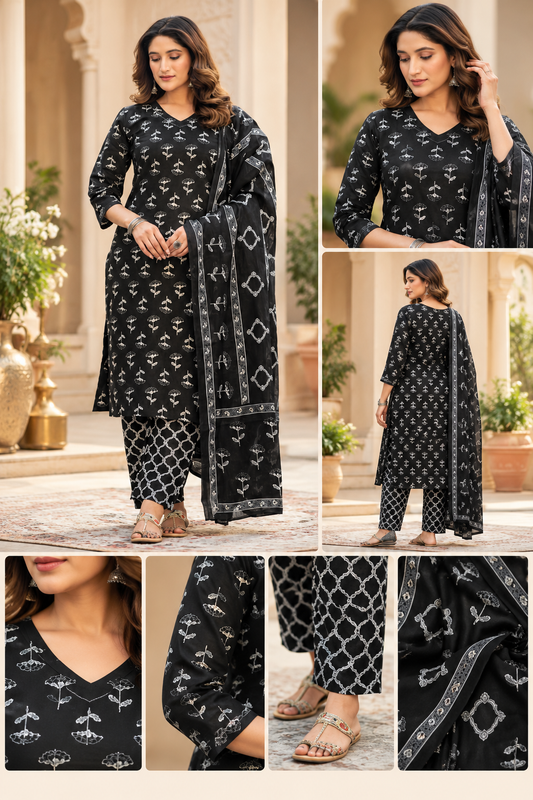 Black Kurti With Pant Dupatta Set