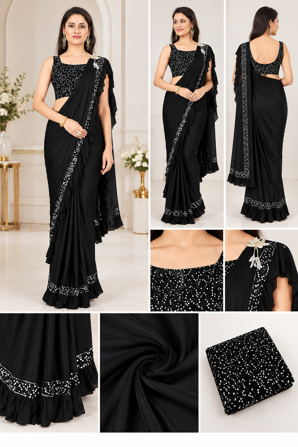 Black Lycra Saree With Unstitched Blouse