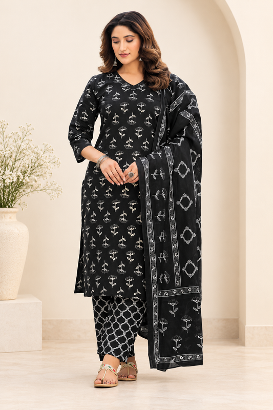 Black Kurti With Pant Dupatta Set