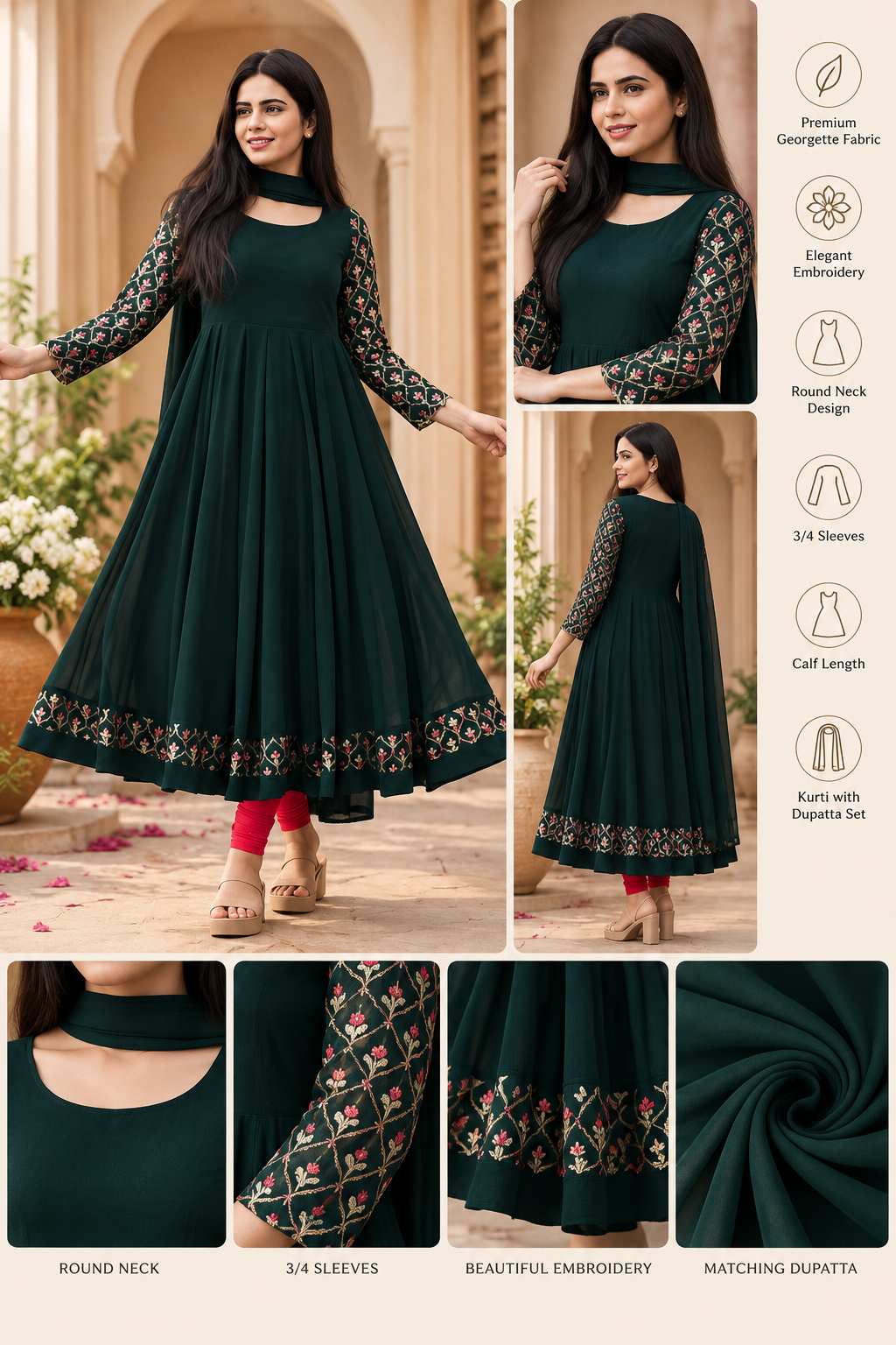 Green Embroidered Kurti Dupatta Set