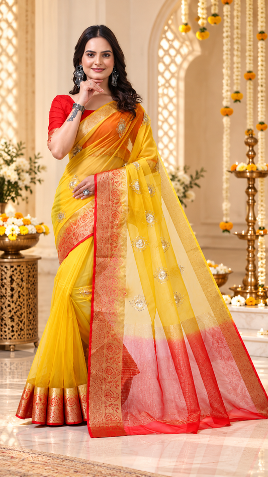Yellow Organza Jacquard Embellished Saree