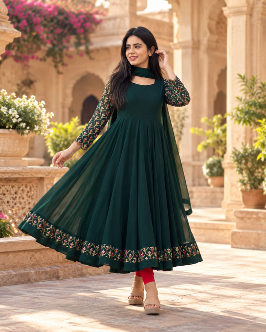 Green Embroidered Kurti Dupatta Set