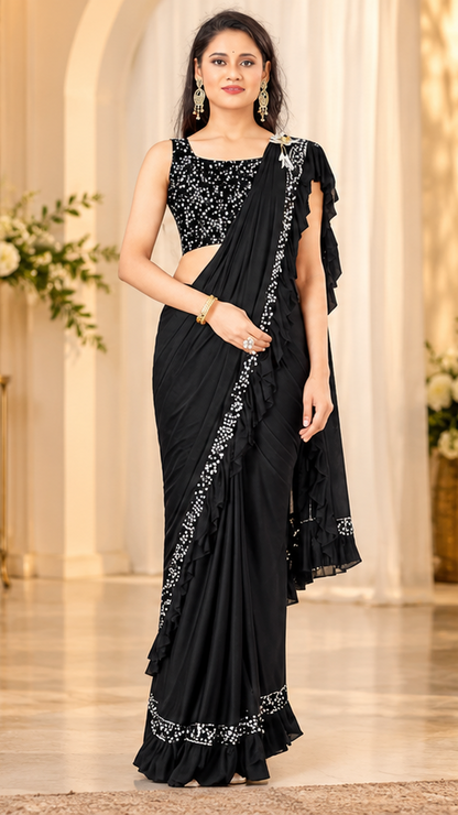 Black Lycra Saree With Unstitched Blouse