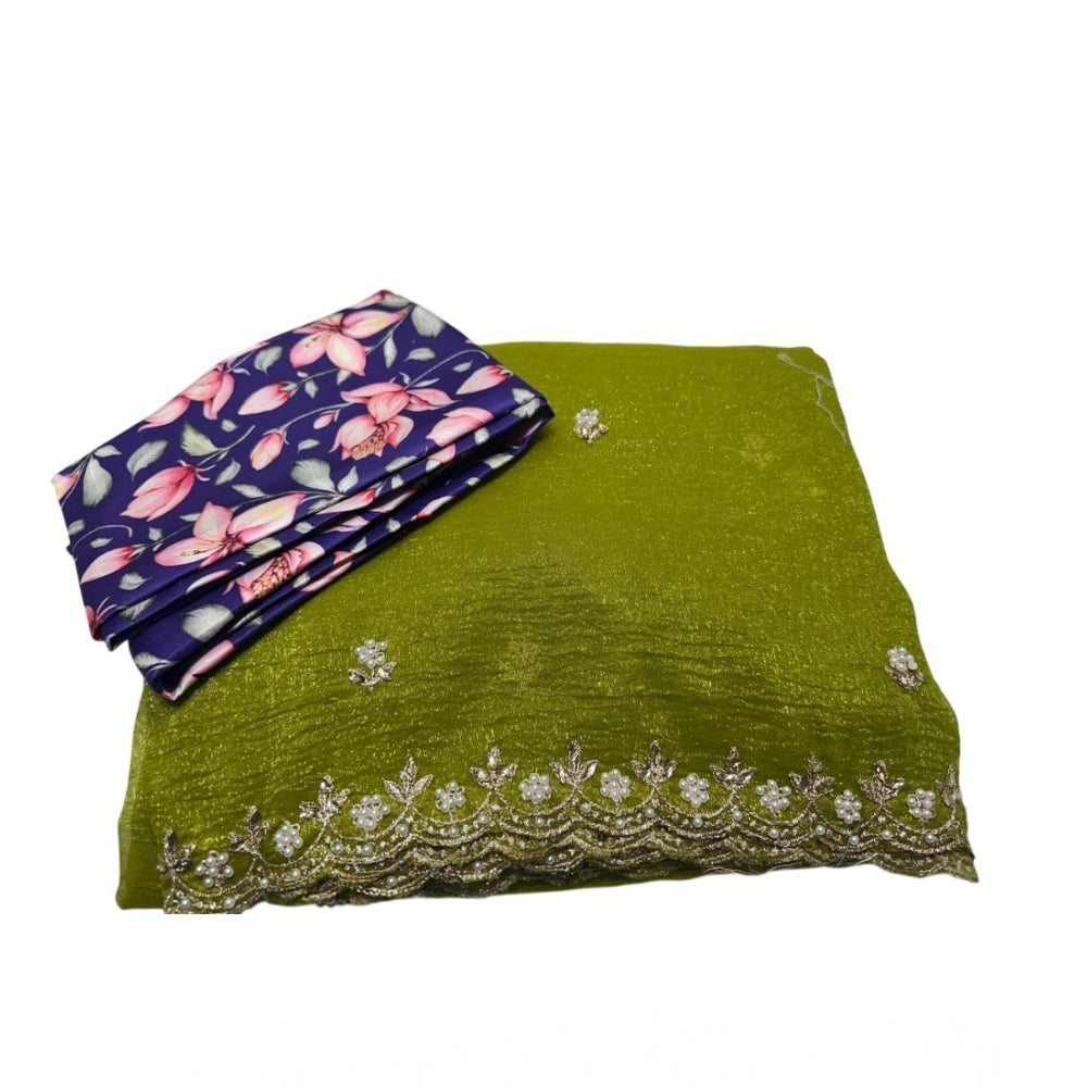 Women'S Stone Work Soft Silk Saree With Unstitched Blouse (Gre