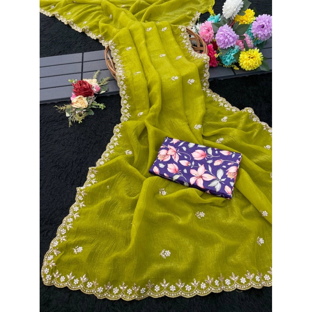 Women'S Stone Work Soft Silk Saree With Unstitched Blouse (Gre
