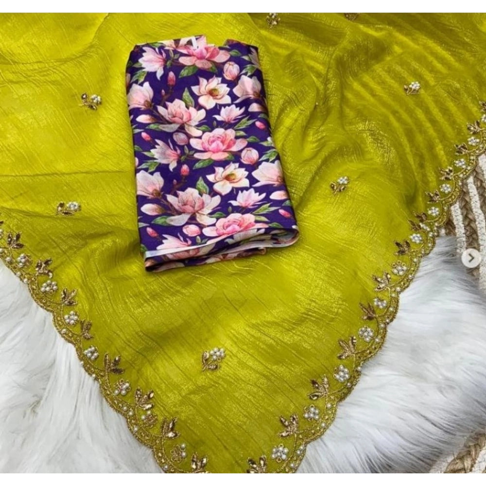 Women'S Stone Work Soft Silk Saree With Unstitched Blouse (Gre