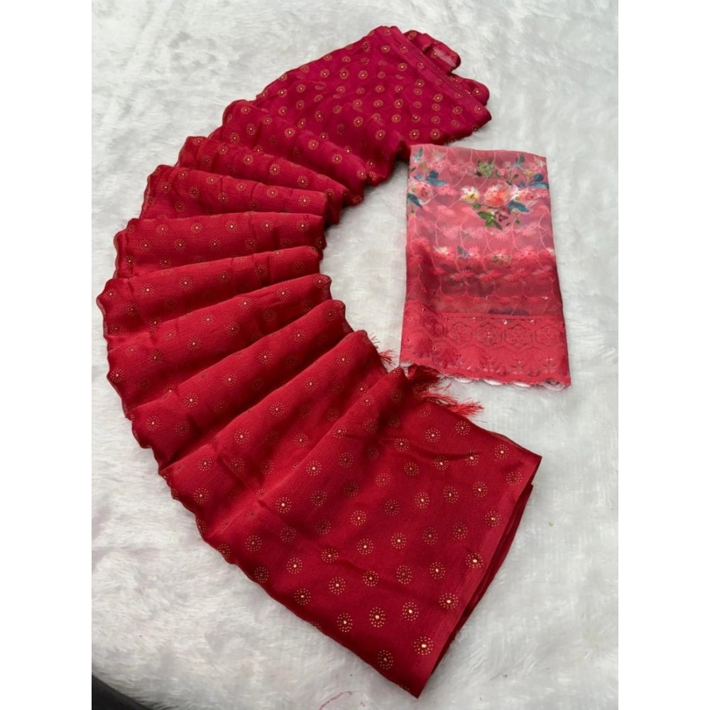 Women'S Printed Brasso Saree With Unstitched Blouse (Red, 5-6