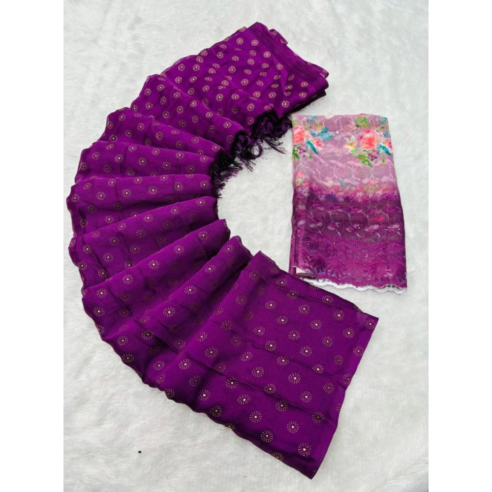 Women'S Printed Brasso Saree With Unstitched Blouse (Magenta,