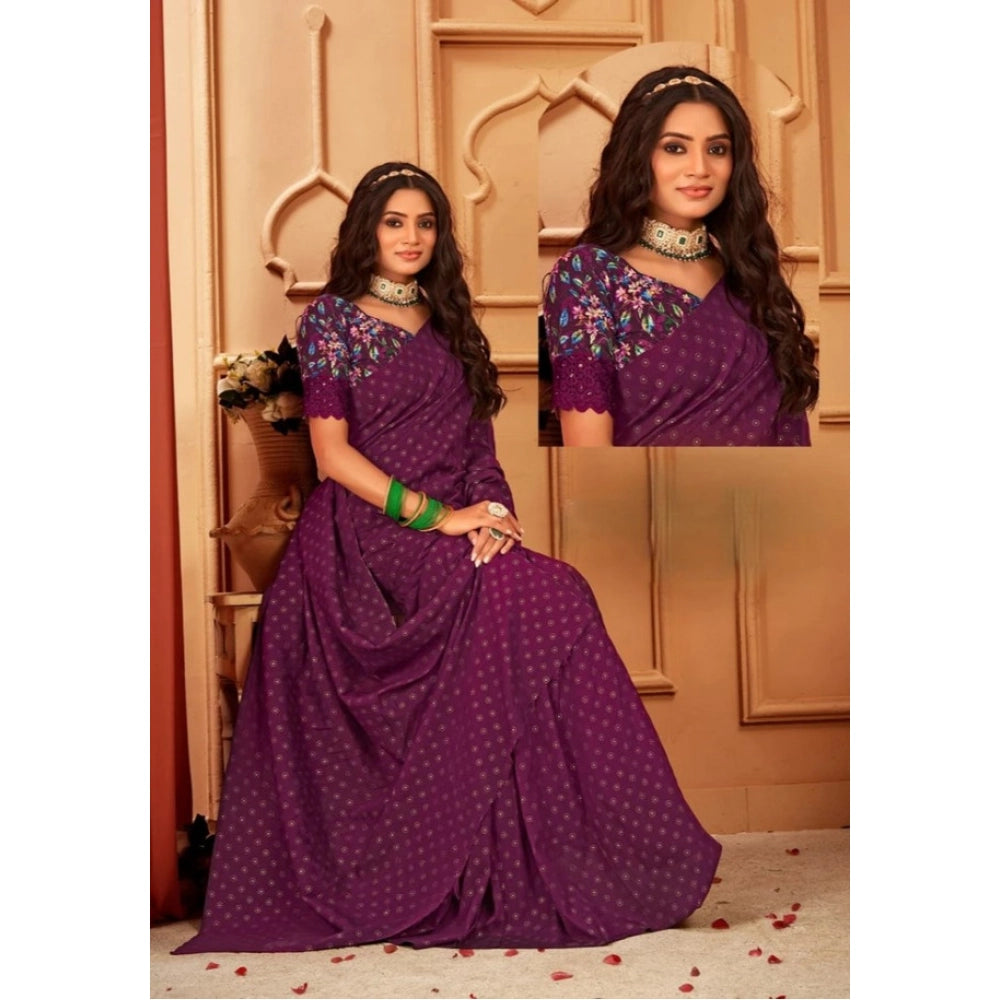 Women'S Printed Brasso Saree With Unstitched Blouse (Magenta,