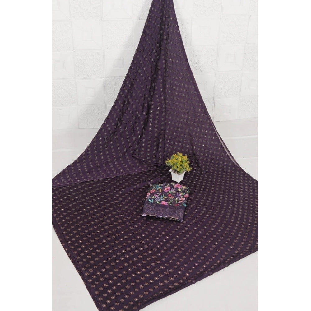 Women'S Printed Brasso Saree With Unstitched Blouse (Magenta,