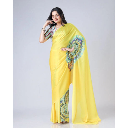 Women's Soft Crepe Silk Printed Ready To Wear Saree With Unstitched Blouse 5.5Mtr (Yellow) - VANSHELLE