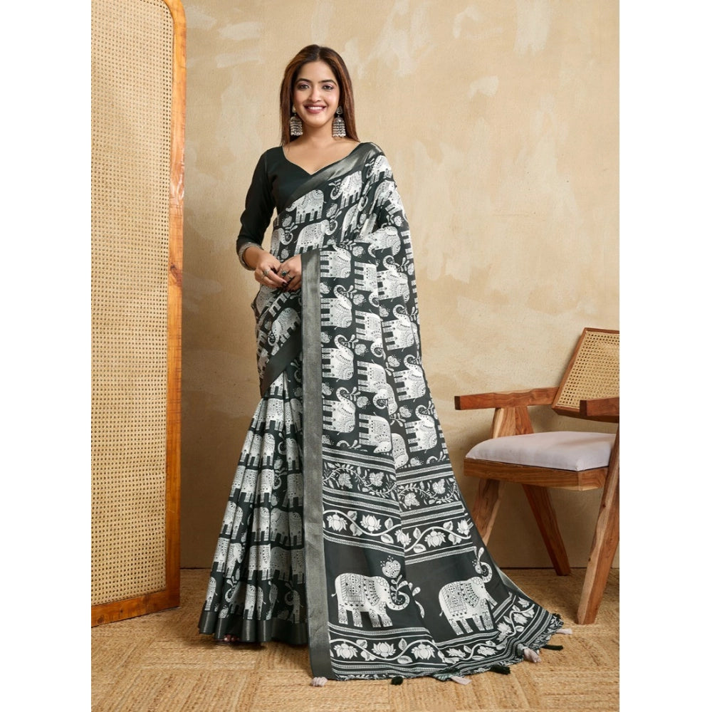 Women's Silk Blend Printed Saree With Unstitched Blouse 5.5Mtr (Green) - VANSHELLE