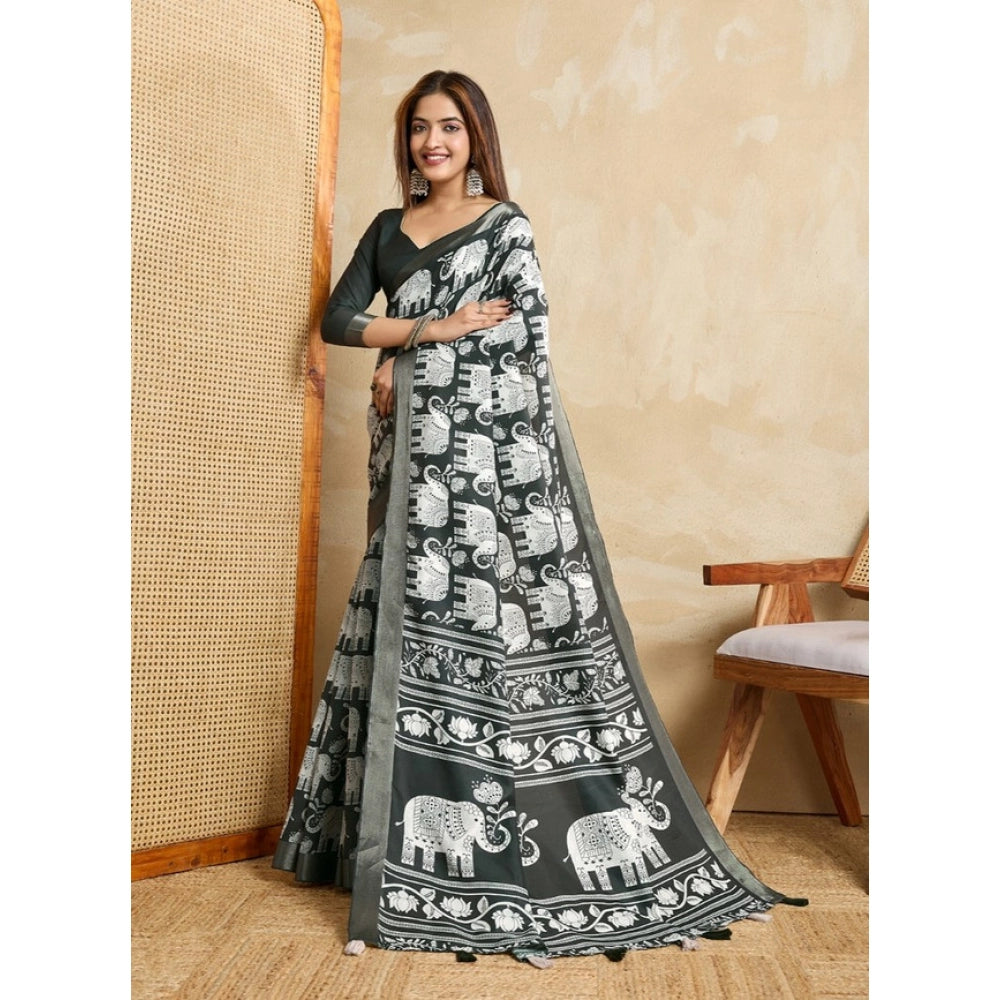 Women's Silk Blend Printed Saree With Unstitched Blouse 5.5Mtr (Green) - VANSHELLE