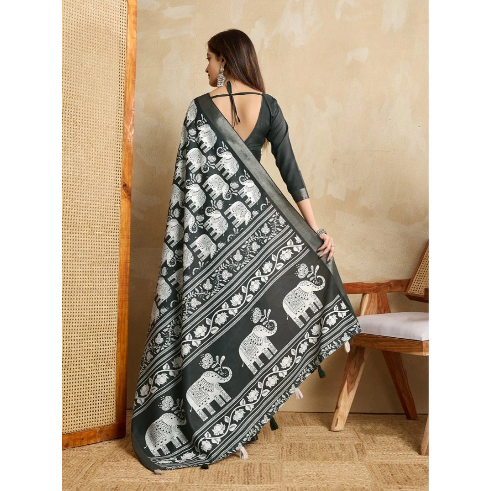 Women's Silk Blend Printed Saree With Unstitched Blouse 5.5Mtr (Green) - VANSHELLE