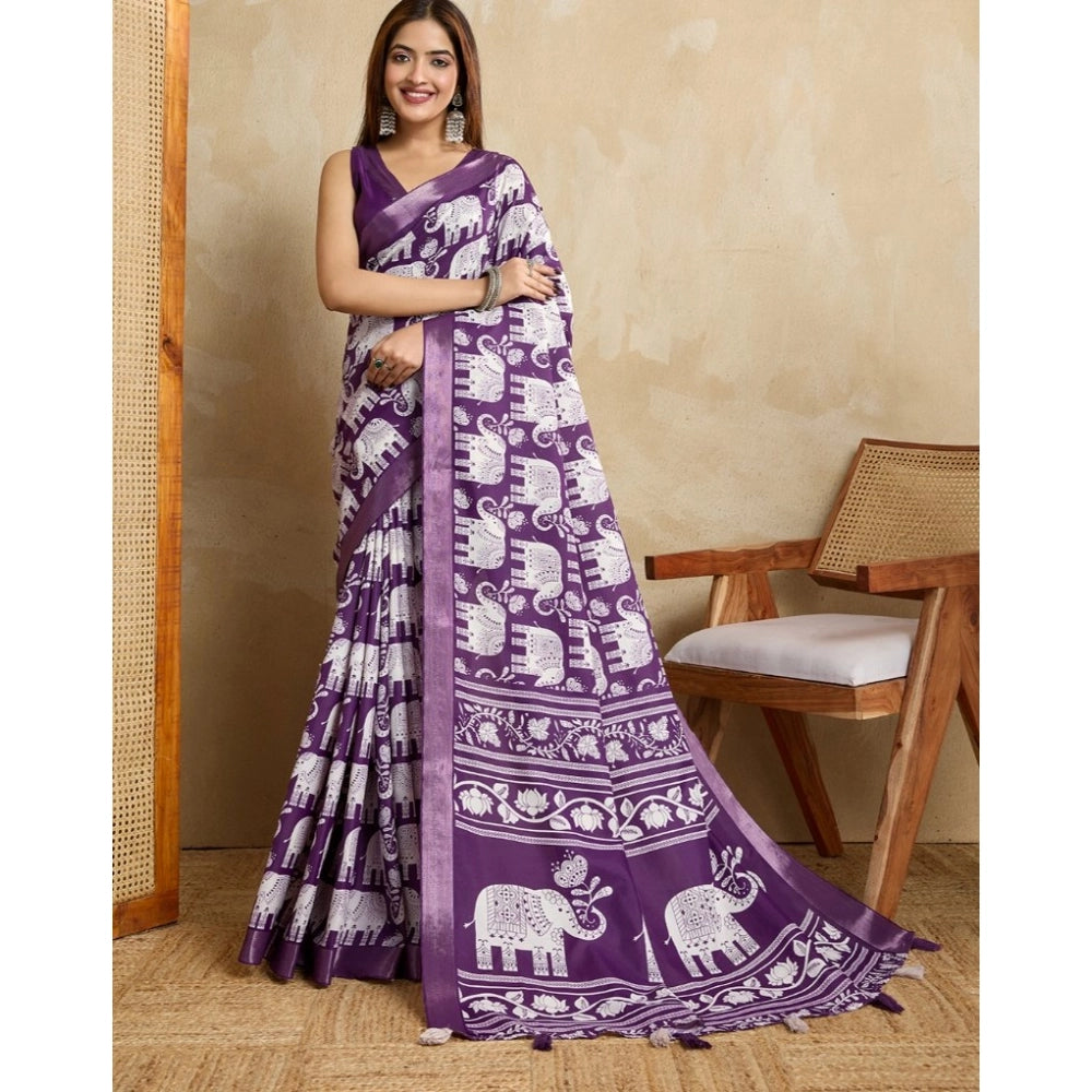 Women's Silk Blend Printed Saree With Unstitched Blouse 5.5Mtr (Purple) - VANSHELLE
