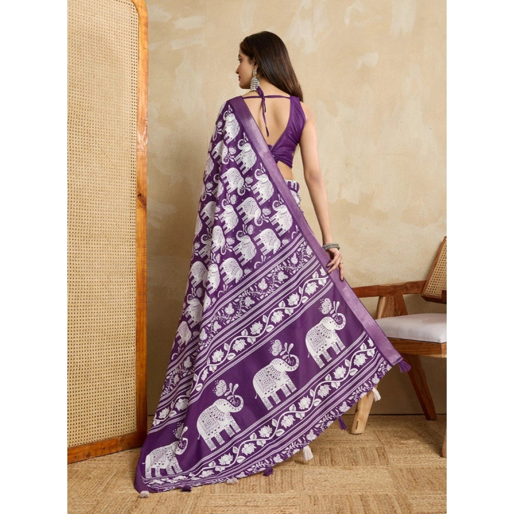 Women's Silk Blend Printed Saree With Unstitched Blouse 5.5Mtr (Purple) - VANSHELLE