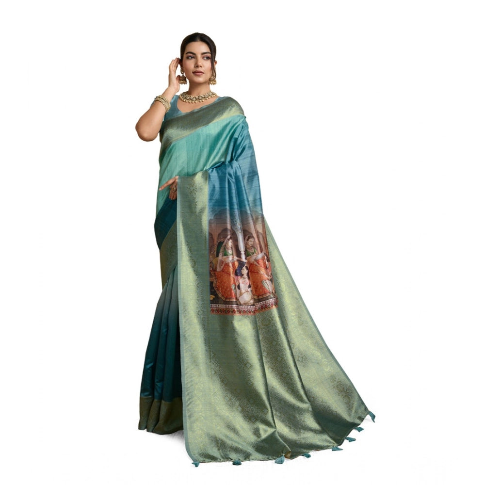 Women'S Silk Printed Saree With Unstitched Blouse 5.5Mtr (Blue