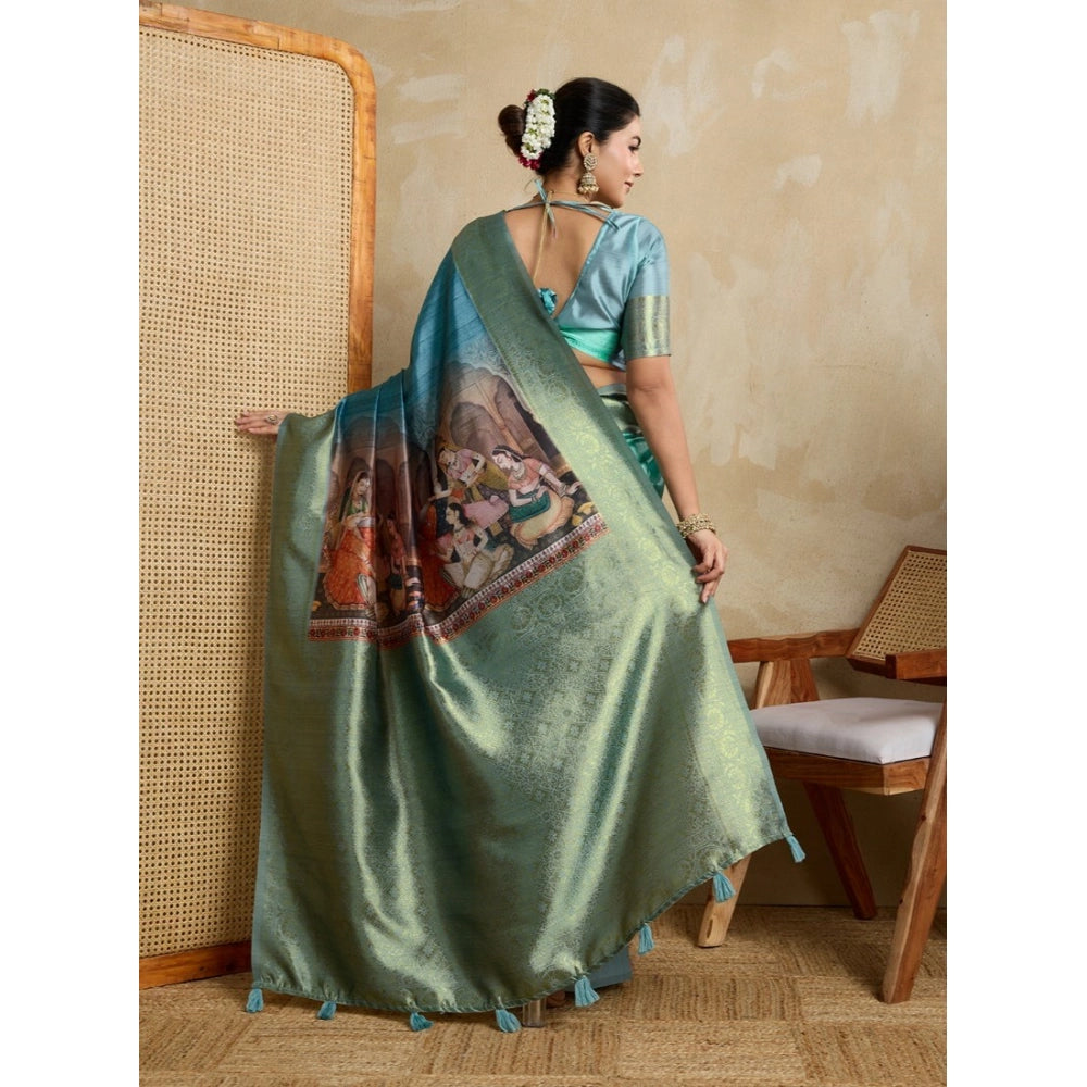 Women'S Silk Printed Saree With Unstitched Blouse 5.5Mtr (Blue