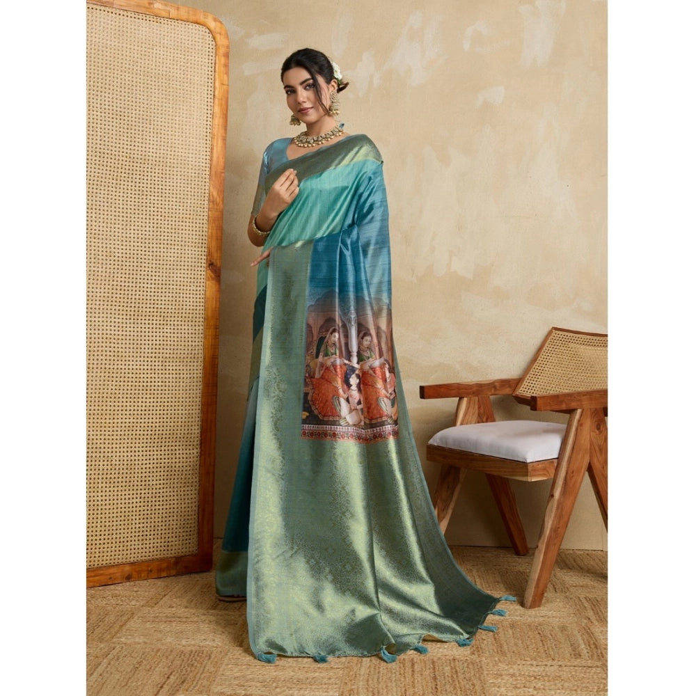 Women'S Silk Printed Saree With Unstitched Blouse 5.5Mtr (Blue