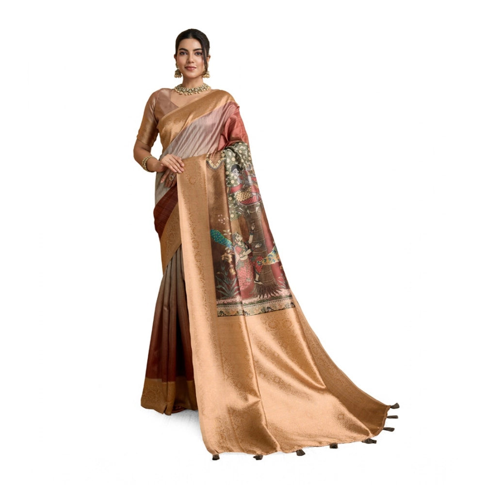 Women'S Silk Printed Saree With Unstitched Blouse 5.5Mtr (Brow
