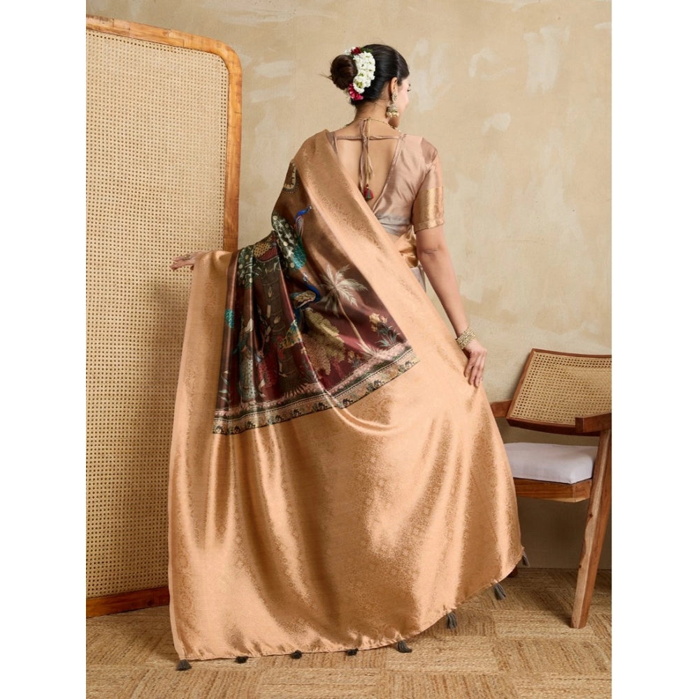 Women'S Silk Printed Saree With Unstitched Blouse 5.5Mtr (Brow