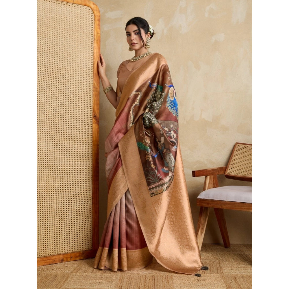 Women'S Silk Printed Saree With Unstitched Blouse 5.5Mtr (Brow