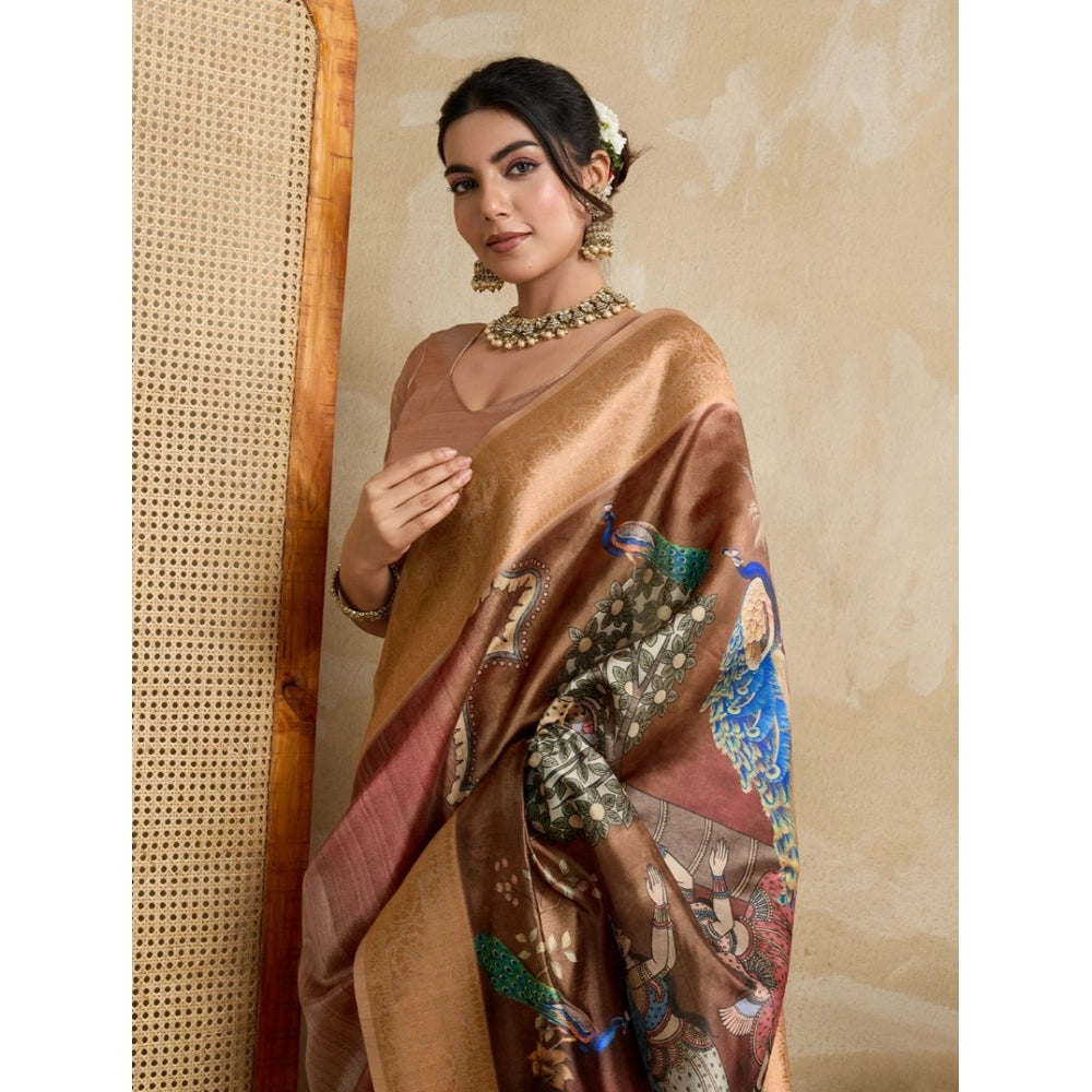 Women'S Silk Printed Saree With Unstitched Blouse 5.5Mtr (Brow