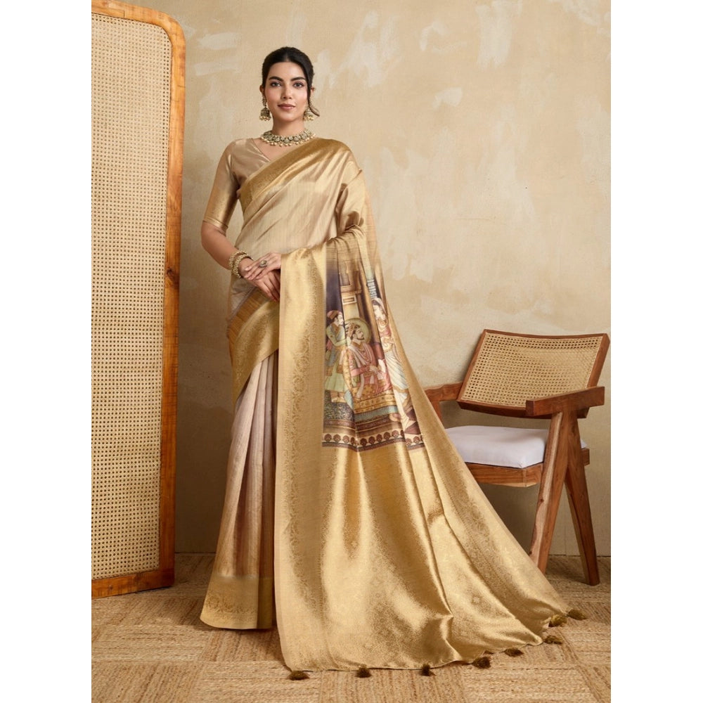 Women's Silk Printed Saree With Unstitched Blouse 5.5Mtr (Gold) - VANSHELLE