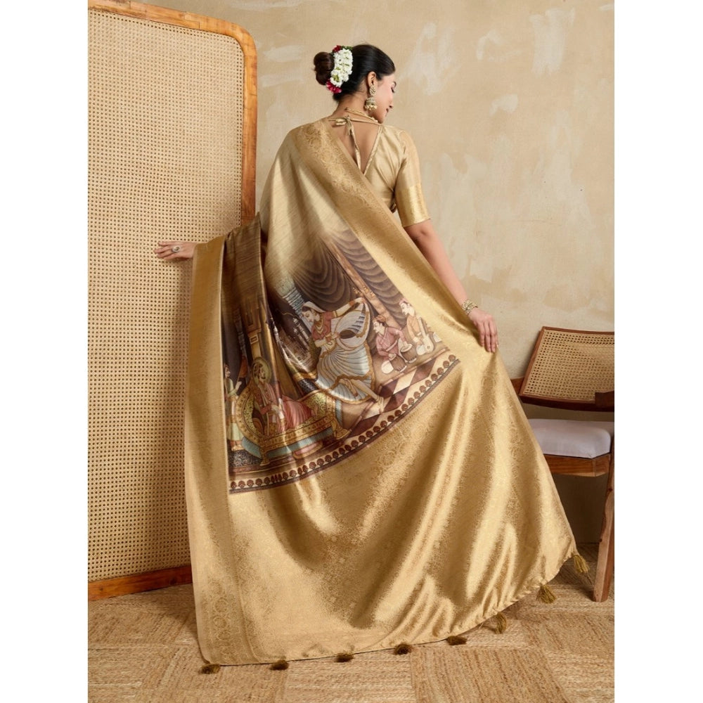 Women's Silk Printed Saree With Unstitched Blouse 5.5Mtr (Gold) - VANSHELLE