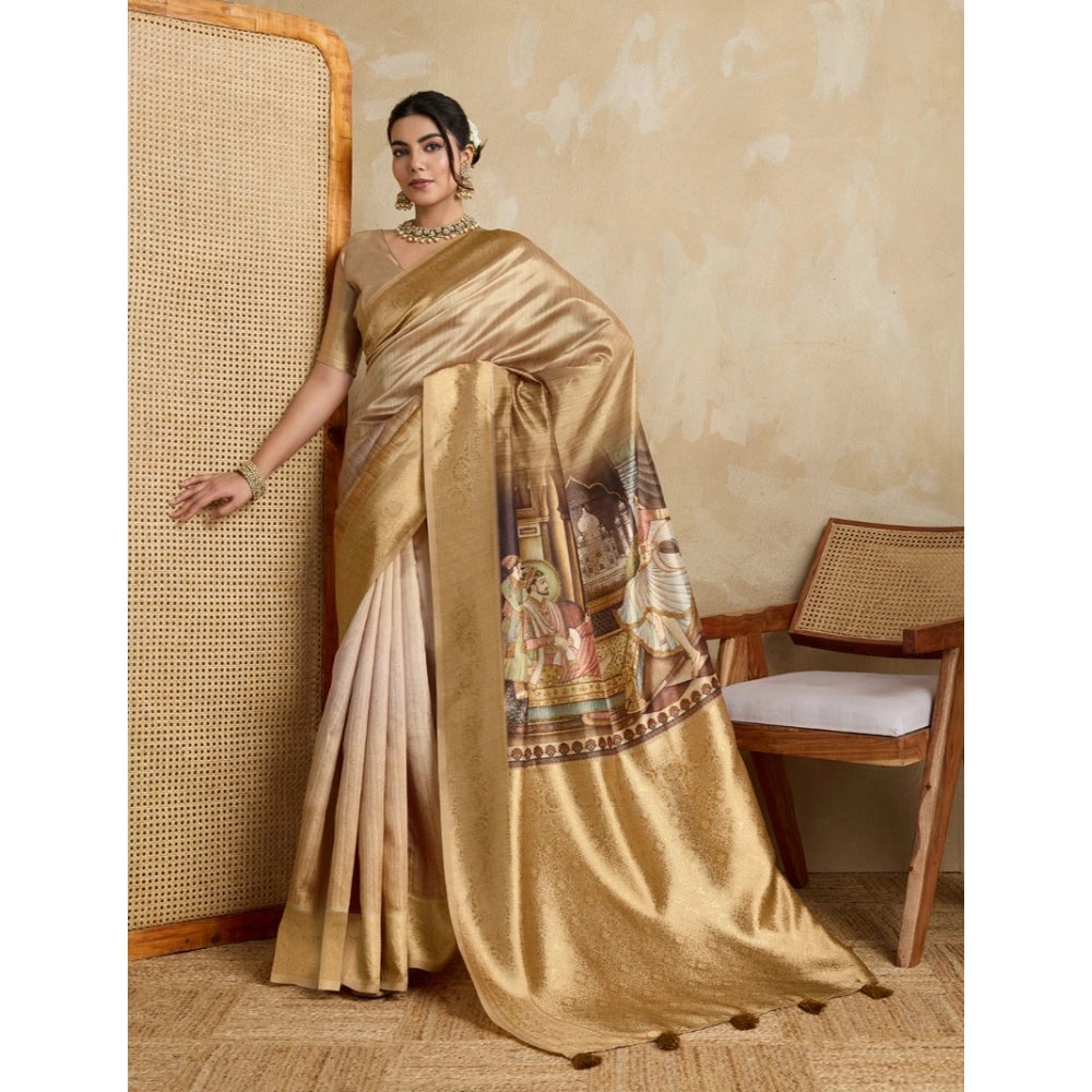 Women's Silk Printed Saree With Unstitched Blouse 5.5Mtr (Gold) - VANSHELLE