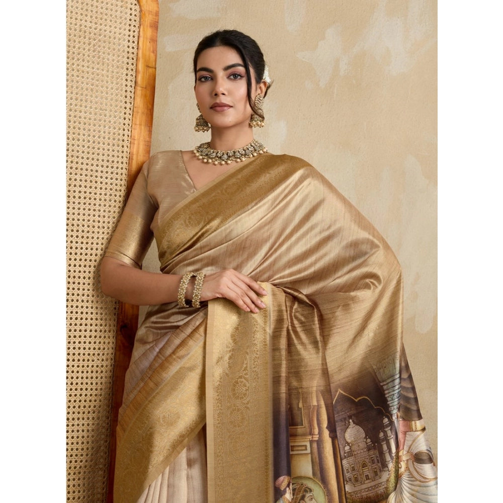 Women's Silk Printed Saree With Unstitched Blouse 5.5Mtr (Gold) - VANSHELLE