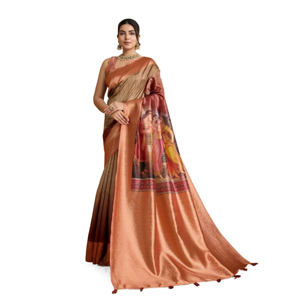 Women'S Silk Printed Saree With Unstitched Blouse 5.5Mtr (Peac