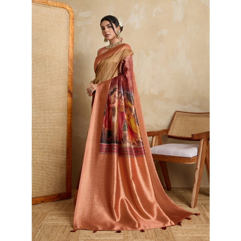 Women'S Silk Printed Saree With Unstitched Blouse 5.5Mtr (Peac