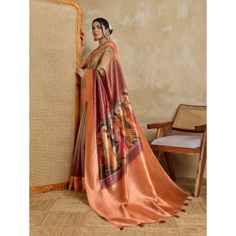 Women'S Silk Printed Saree With Unstitched Blouse 5.5Mtr (Peac