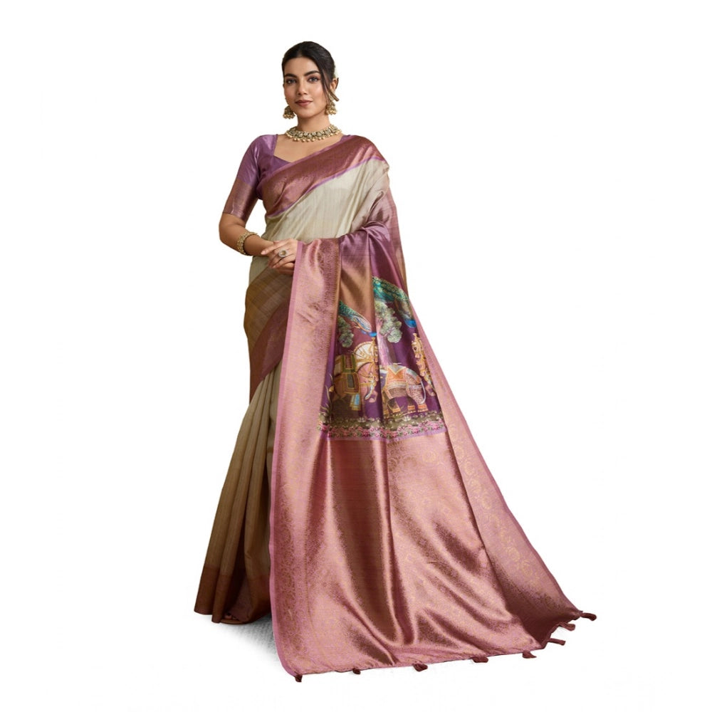 Women'S Silk Printed Saree With Unstitched Blouse 5.5Mtr (Wine