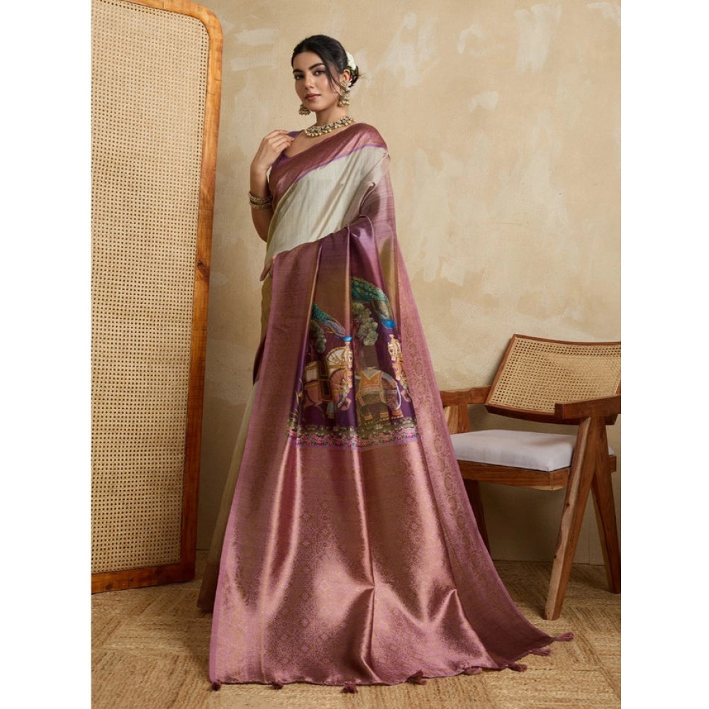 Women'S Silk Printed Saree With Unstitched Blouse 5.5Mtr (Wine