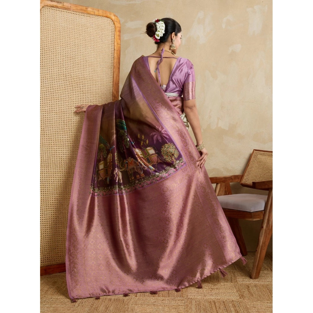 Women'S Silk Printed Saree With Unstitched Blouse 5.5Mtr (Wine