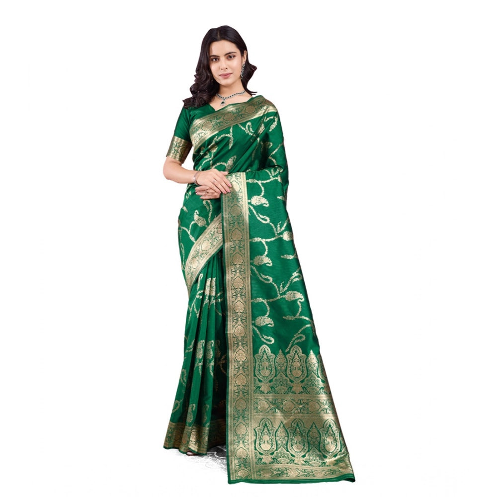Women's Banarasi Silk Printed Saree With Unstitched Blouse 5.5Mtr (Green) - VANSHELLE