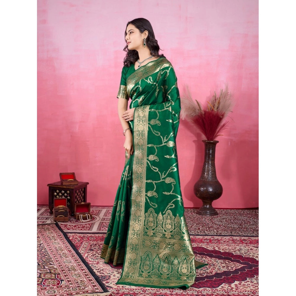 Women's Banarasi Silk Printed Saree With Unstitched Blouse 5.5Mtr (Green) - VANSHELLE