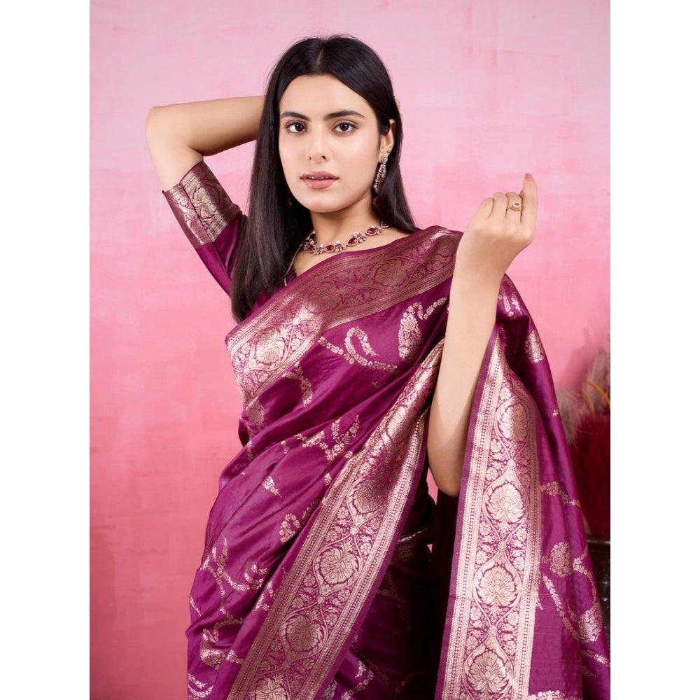 Women'S Banarasi Silk Printed Saree With Unstitched Blouse 5.5