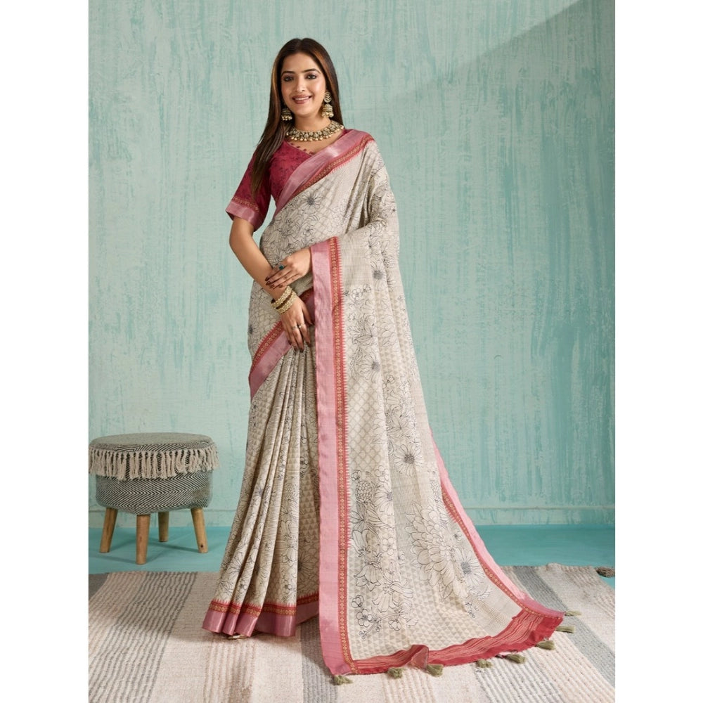 Women'S Silk Blend Printed Saree With Unstitched Blouse 5.5Mtr
