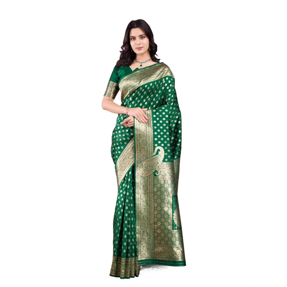 Women's Banarasi Silk Printed Saree With Unstitched Blouse 5.5Mtr (Green) - VANSHELLE