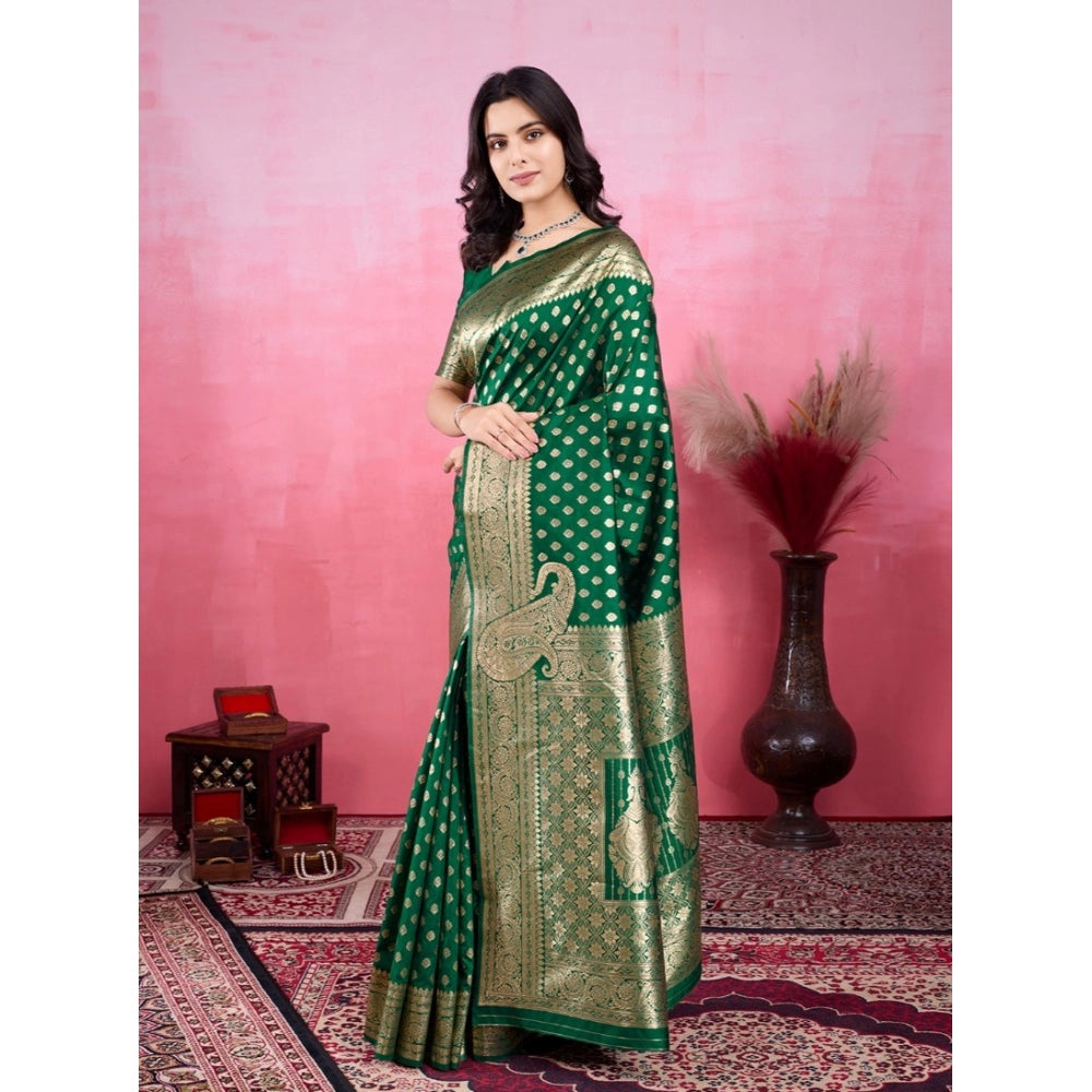 Women's Banarasi Silk Printed Saree With Unstitched Blouse 5.5Mtr (Green) - VANSHELLE