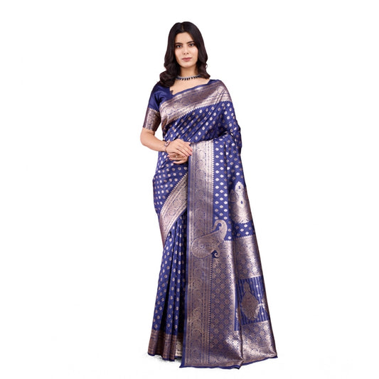 Women's Banarasi Silk Printed Saree With Unstitched Blouse 5.5Mtr (Blue) - VANSHELLE