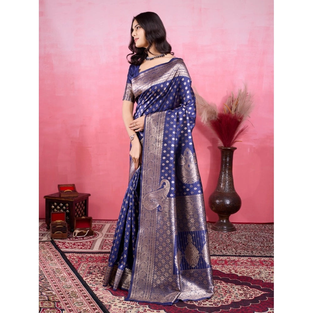 Women's Banarasi Silk Printed Saree With Unstitched Blouse 5.5Mtr (Blue) - VANSHELLE