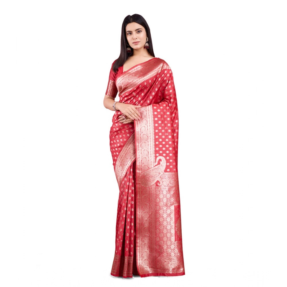 Women's Banarasi Silk Printed Saree With Unstitched Blouse 5.5Mtr (Red) - VANSHELLE